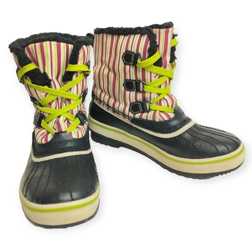 SOREL Tivoli Rubber Pink Green Striped Youth 4 Winter Duck Boots Faux Fur Trim - Picture 2 of 15